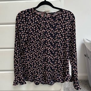 XS Anna Taylor blouse, navy and tan fall print